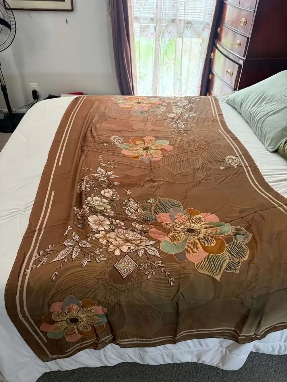 Vintage Brown Floral Print Lightweight Oblong  Silk Scarf